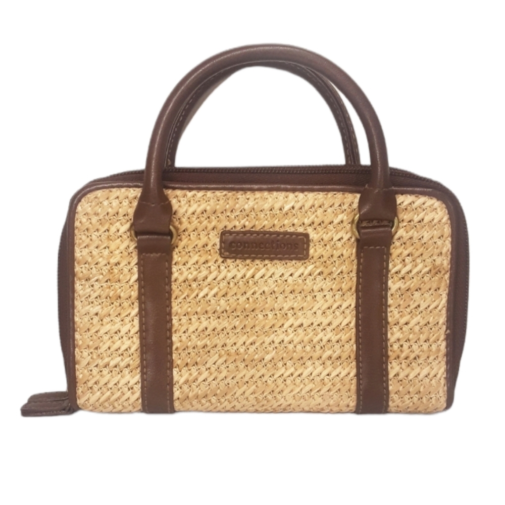 CONNECTIONS Straw Woven Brown Zipper Wallet Clutch